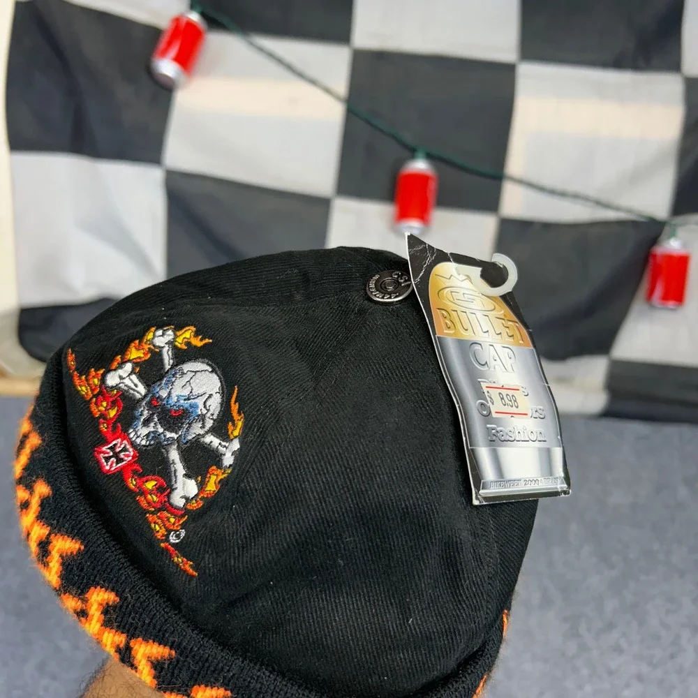 Vintage 2000 Beach Club Promotions Skull Flame Bullet Cap Biker Hat Black NWT